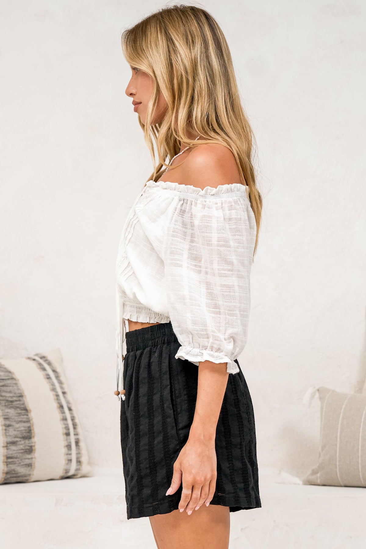Hester Shorts - Relaxed Elasticated Waist Textured Short with Pockets in Black