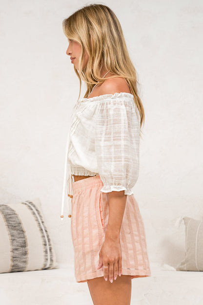 Hester Shorts - Relaxed Elasticated Waist Textured Short with Pockets in Blush