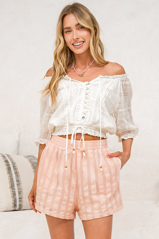 Hester Shorts - Relaxed Elasticated Waist Textured Short with Pockets in Blush