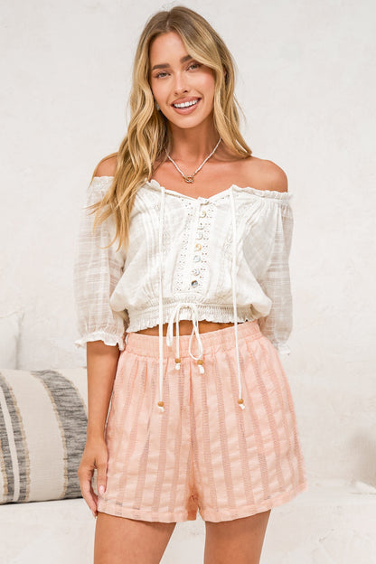 Hester Shorts - Relaxed Elasticated Waist Textured Short with Pockets in Blush