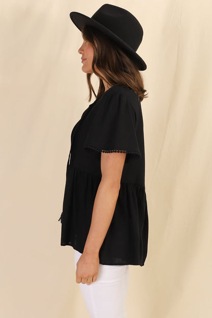 Mallory Top - Pleated Bodice Crochet Trim Cap Sleeve Smock Top in Black