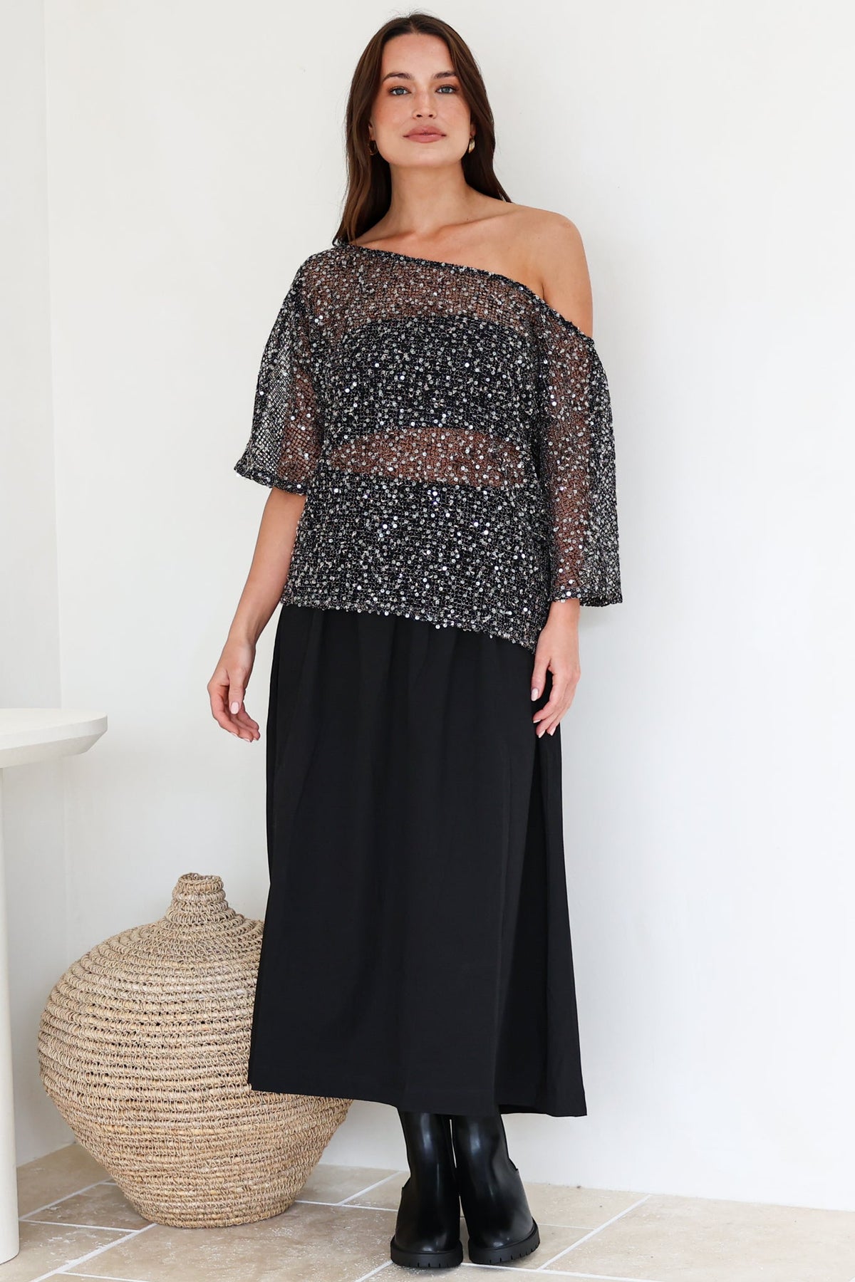 Janina Top - Off Shoulder Asymmetric Relaxed Sequin Mesh Top in Black