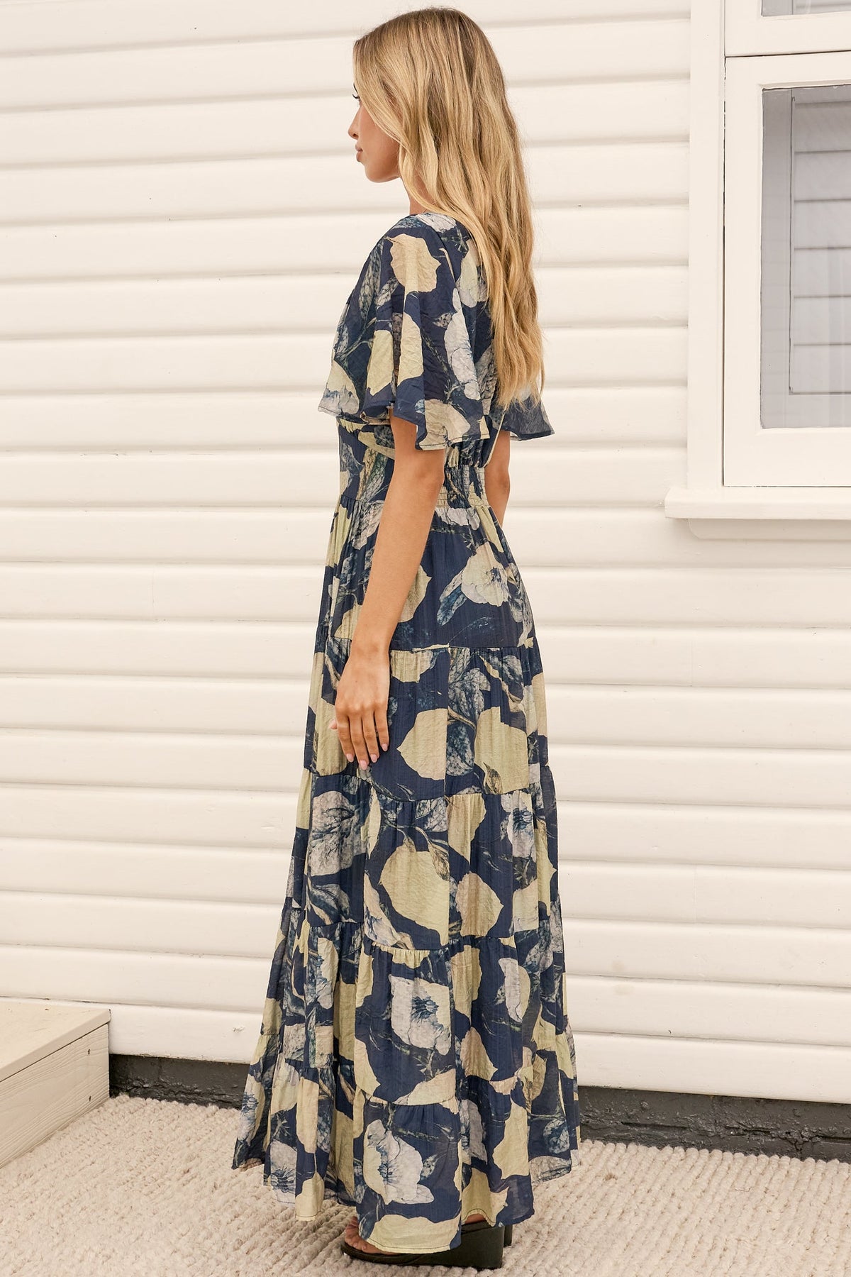 Jasmin Maxi Dress - V Neck Tiered A Line Dress with Flutter Sleeves in Celine Print Blue