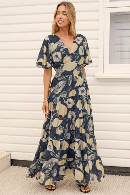 Jasmin Maxi Dress - V Neck Tiered A Line Dress with Flutter Sleeves in Celine Print Blue