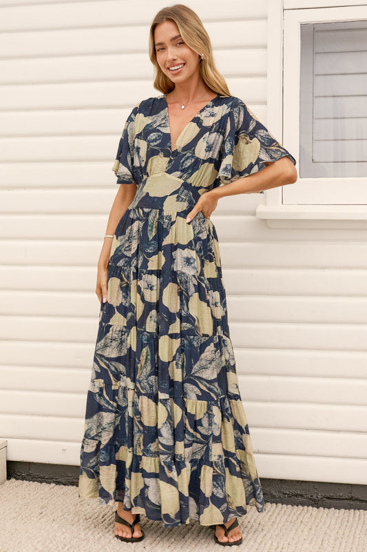 Jasmin Maxi Dress - V Neck Tiered A Line Dress with Flutter Sleeves in Celine Print Blue