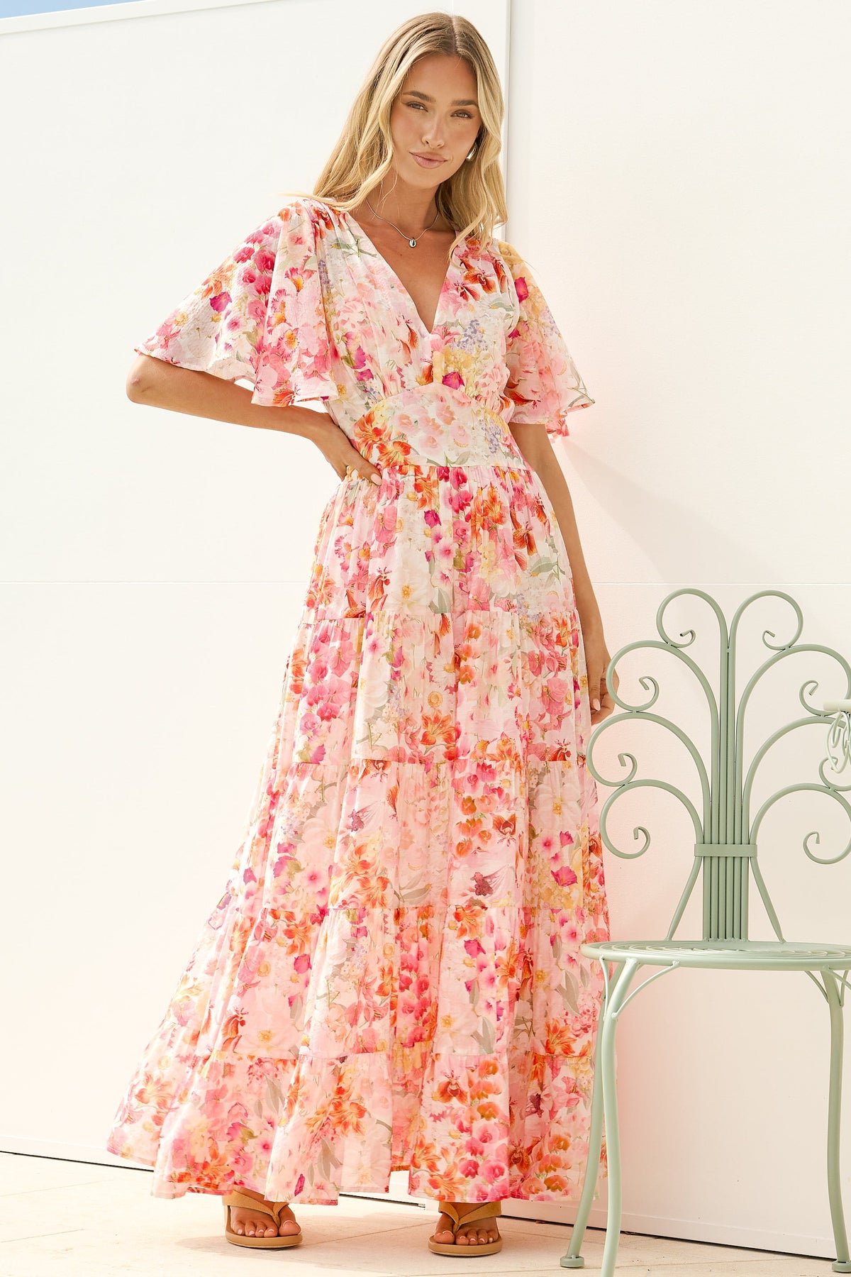 Jasmin Maxi Dress - V Neck Tiered A Line Dress with Flutter Sleeves in Liana Print