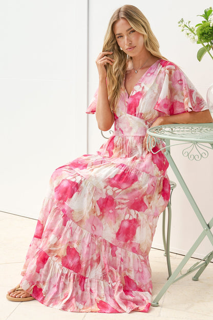 Jasmin Maxi Dress - V Neck Tiered A Line Dress with Flutter Sleeves in Avelina Print Pink