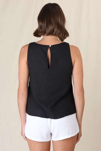 Joree Top - Linen Blend Soft V Neck Scoop Hem Top in Black