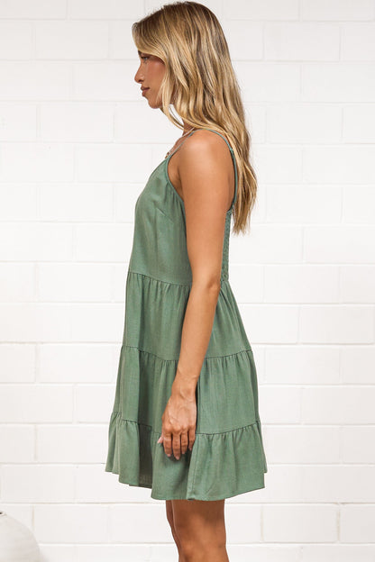 Kaisa Mini Dress - Tiered Sun Dress with Adjustable Straps in Dark Green