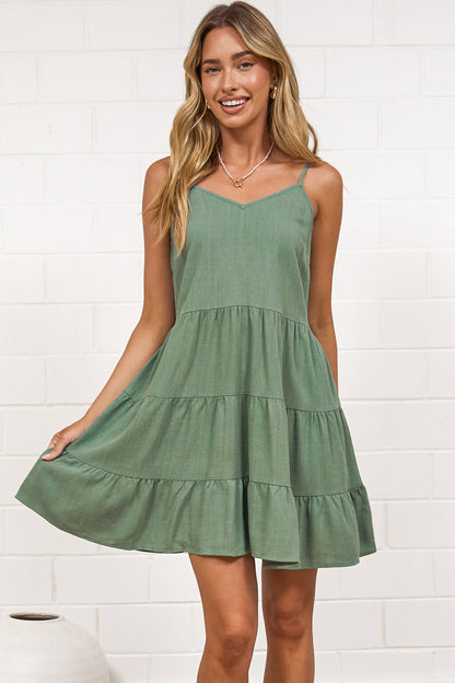 Kaisa Mini Dress - Tiered Sun Dress with Adjustable Straps in Dark Green