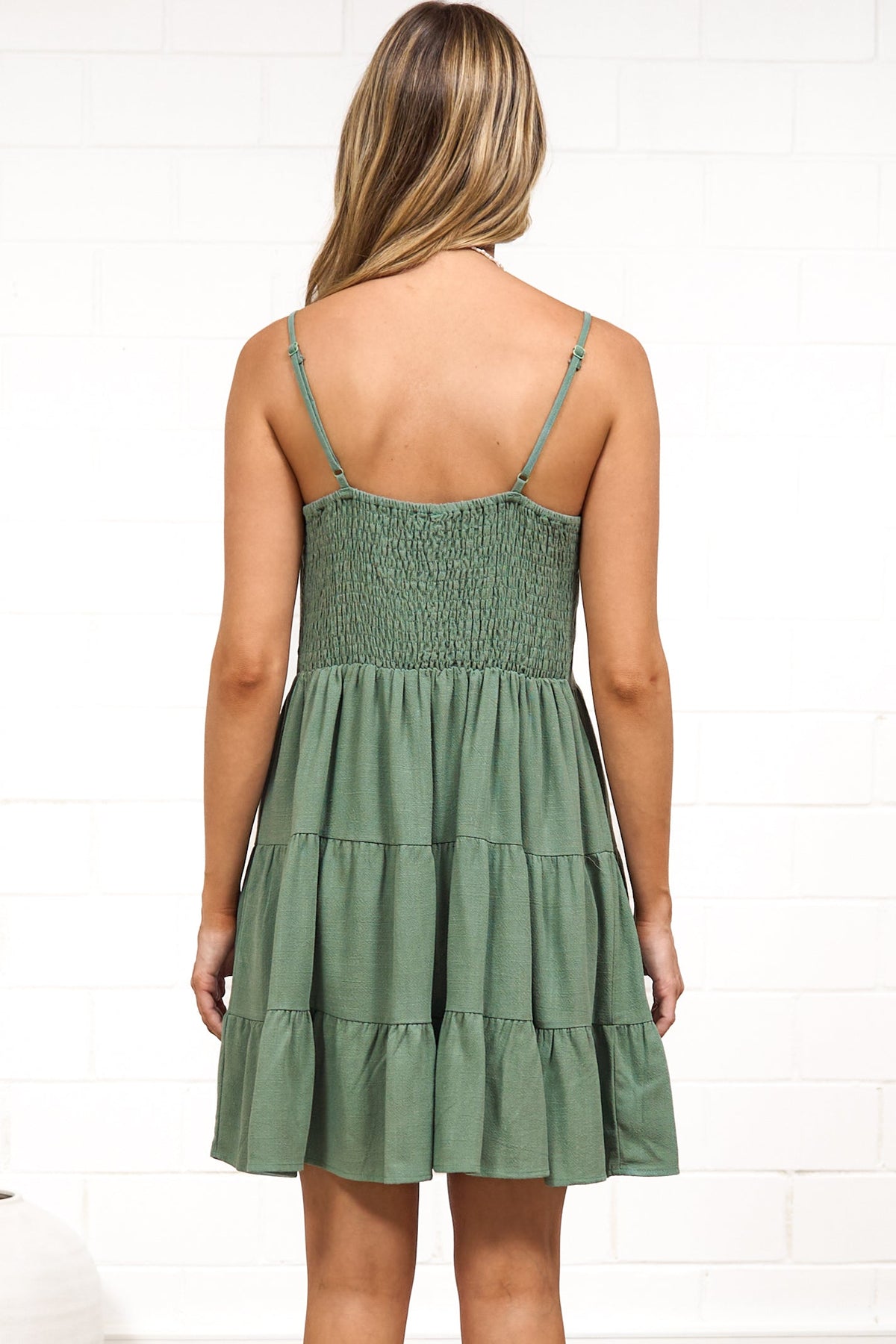 Kaisa Mini Dress - Tiered Sun Dress with Adjustable Straps in Dark Green
