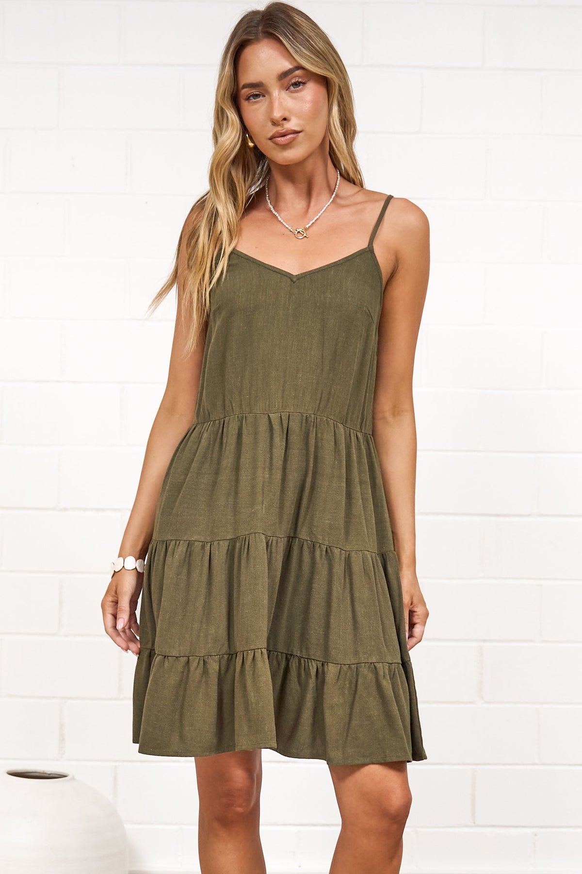 Kaisa Mini Dress - Tiered Sun Dress with Adjustable Straps in Khaki