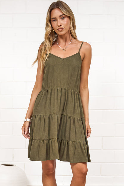 Kaisa Mini Dress - Tiered Sun Dress with Adjustable Straps in Khaki