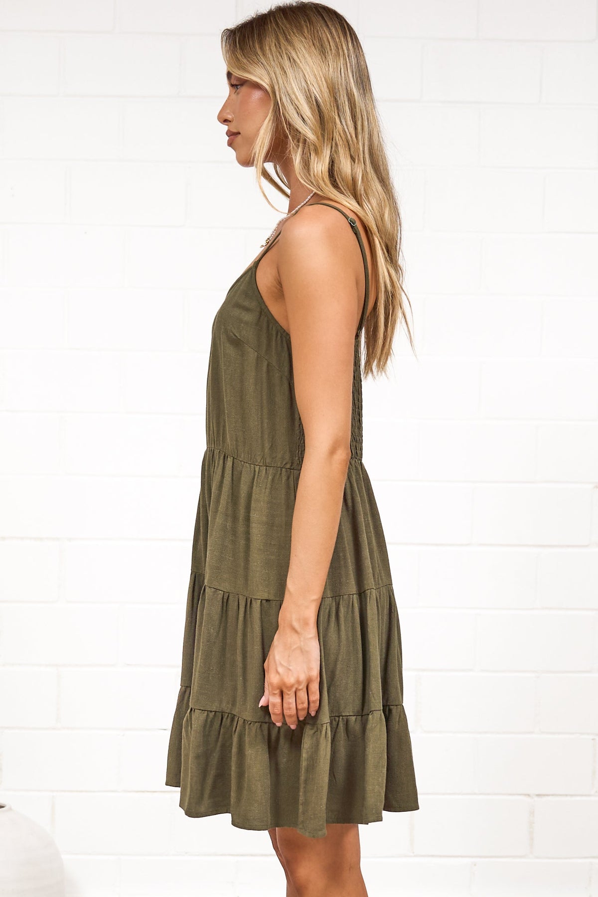 Kaisa Mini Dress - Tiered Sun Dress with Adjustable Straps in Khaki