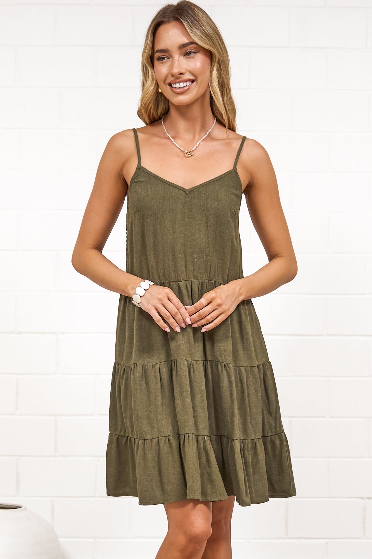 Kaisa Mini Dress - Tiered Sun Dress with Adjustable Straps in Khaki