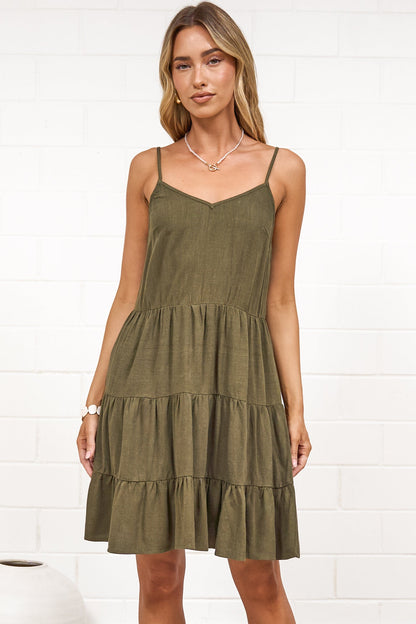 Kaisa Mini Dress - Tiered Sun Dress with Adjustable Straps in Khaki