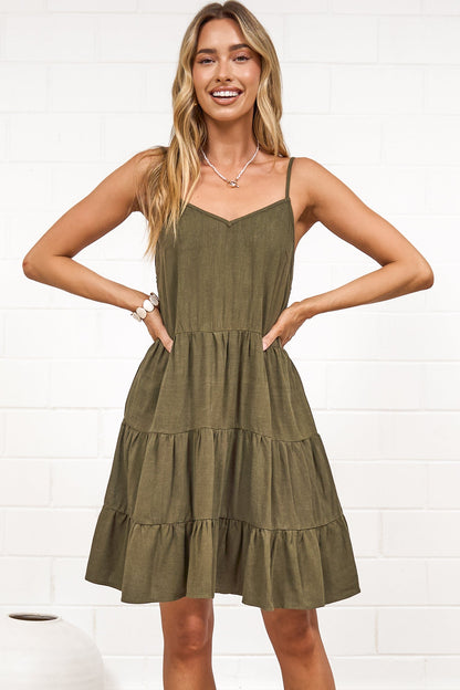 Kaisa Mini Dress - Tiered Sun Dress with Adjustable Straps in Khaki
