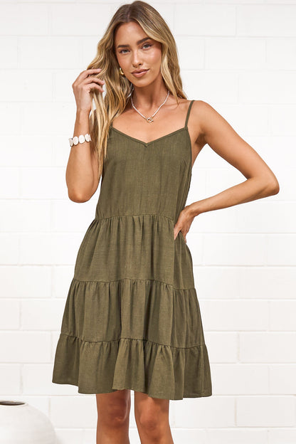 Kaisa Mini Dress - Tiered Sun Dress with Adjustable Straps in Khaki