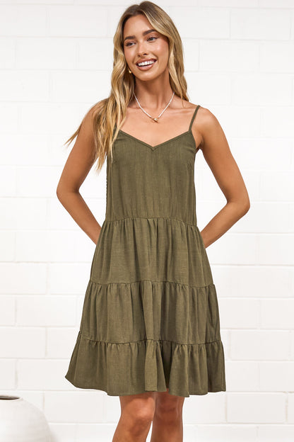 Kaisa Mini Dress - Tiered Sun Dress with Adjustable Straps in Khaki