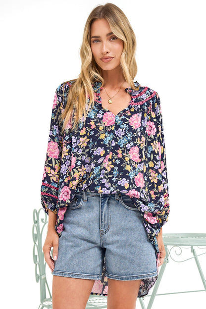 Kalina Blouse -  V Neck High Low Top with Balloon Sleeves and Lace Detailing in Antonia Print Navy