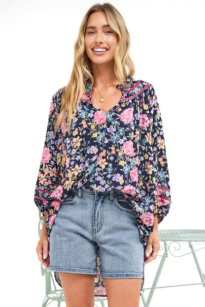 Kalina Blouse -  V Neck High Low Top with Balloon Sleeves and Lace Detailing in Antonia Print Navy