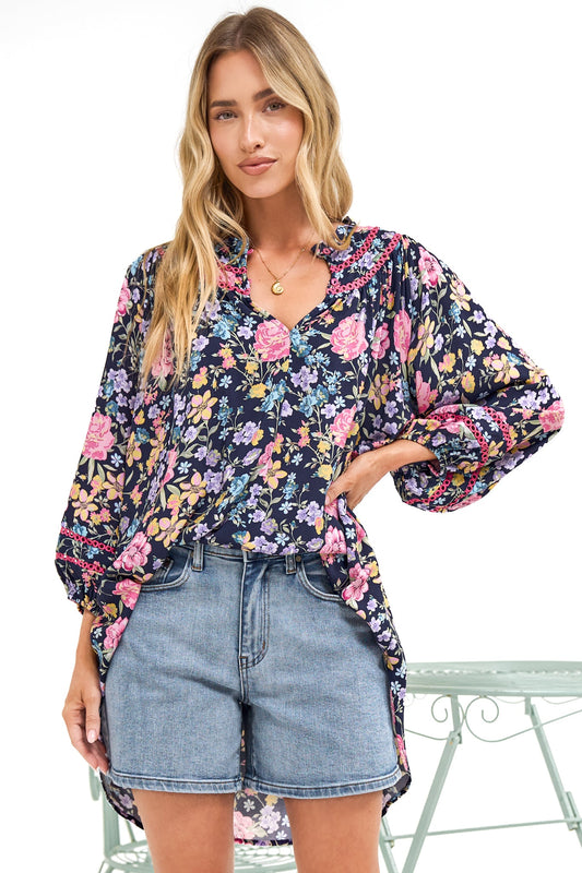 Kalina Blouse -  V Neck High Low Top with Balloon Sleeves and Lace Detailing in Antonia Print Navy