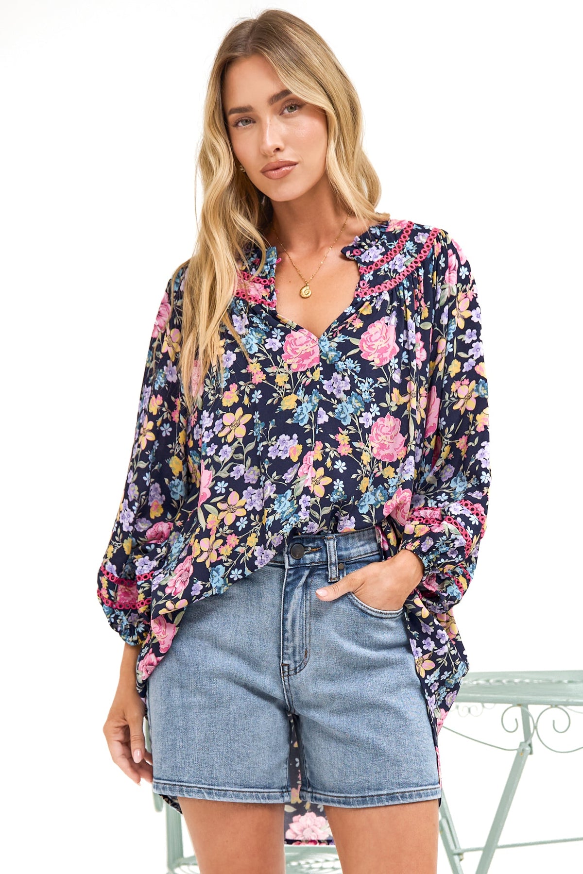 Kalina Blouse -  V Neck High Low Top with Balloon Sleeves and Lace Detailing in Antonia Print Navy