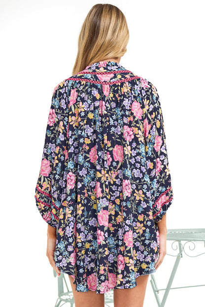 Kalina Blouse -  V Neck High Low Top with Balloon Sleeves and Lace Detailing in Antonia Print Navy