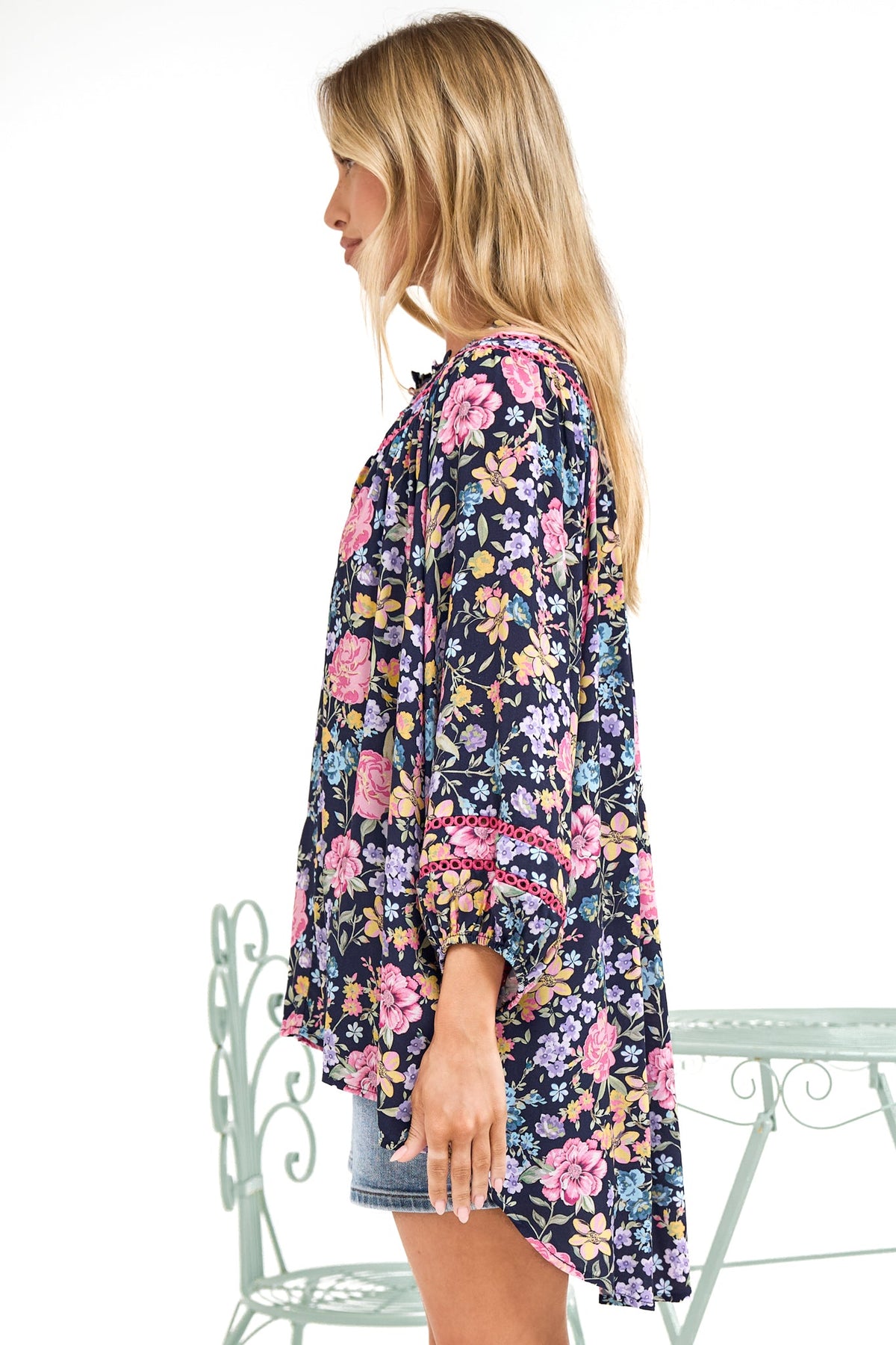 Kalina Blouse -  V Neck High Low Top with Balloon Sleeves and Lace Detailing in Antonia Print Navy