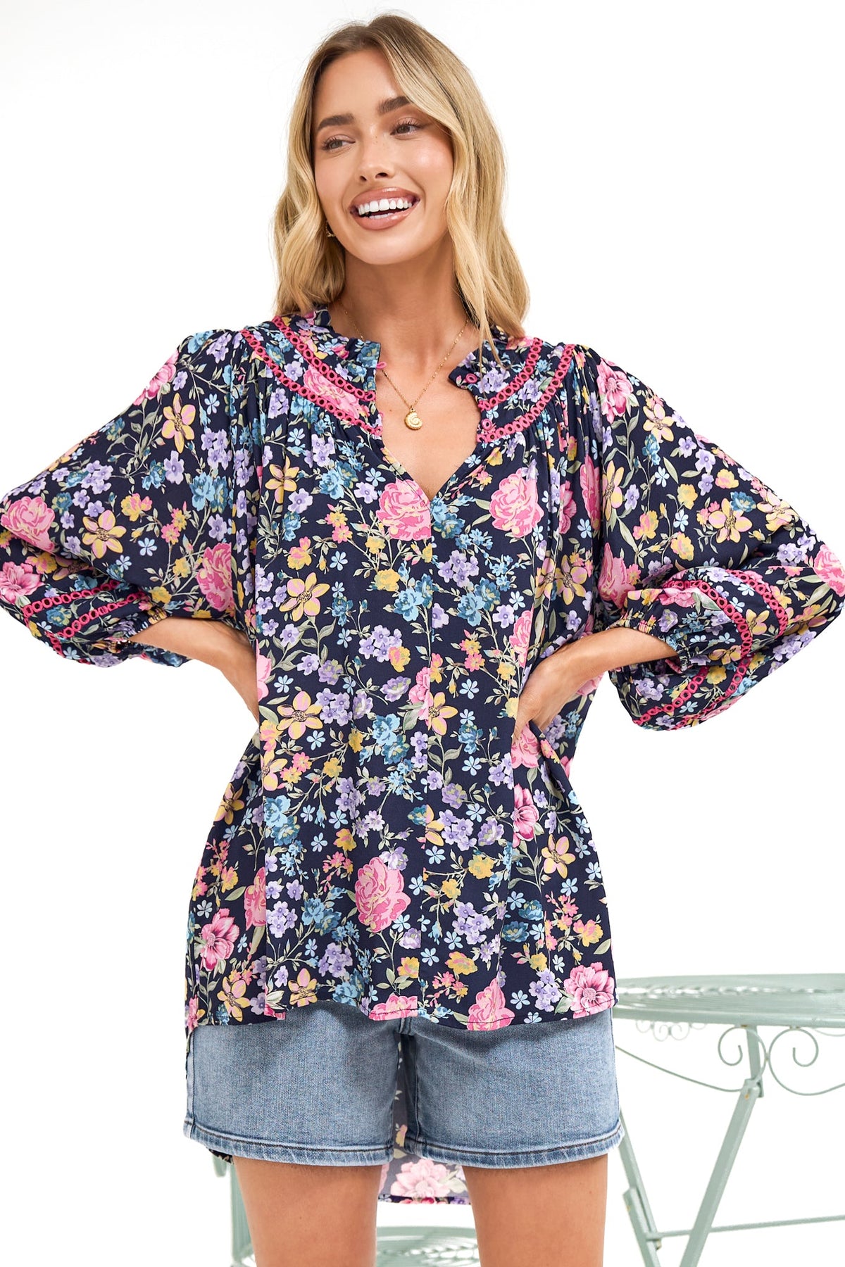 Kalina Blouse -  V Neck High Low Top with Balloon Sleeves and Lace Detailing in Antonia Print Navy