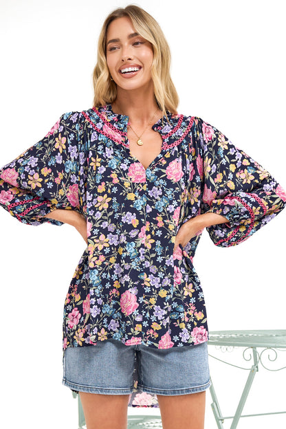 Kalina Blouse -  V Neck High Low Top with Balloon Sleeves and Lace Detailing in Antonia Print Navy