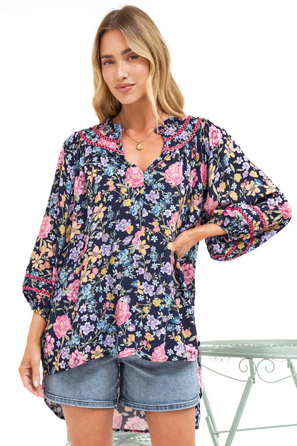 Kalina Blouse -  V Neck High Low Top with Balloon Sleeves and Lace Detailing in Antonia Print Navy