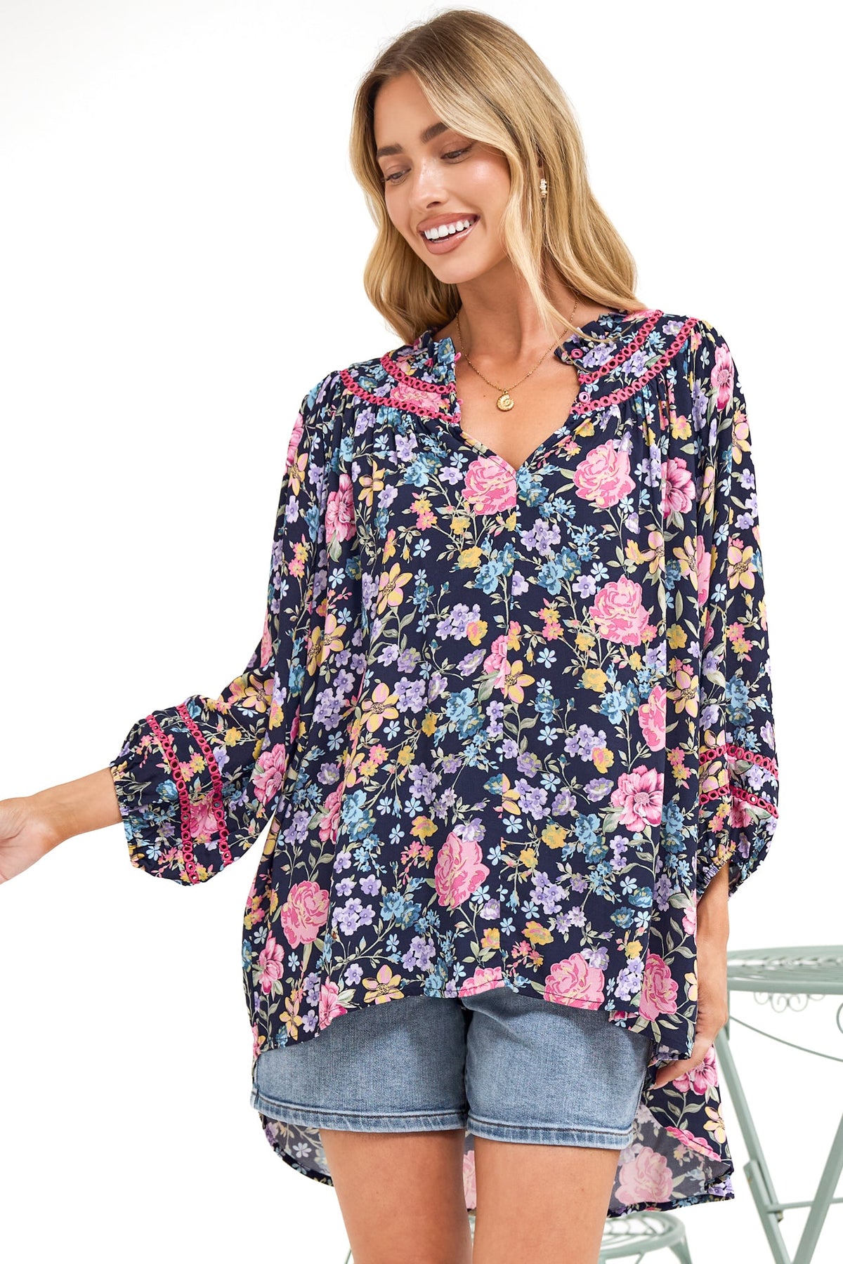Kalina Blouse -  V Neck High Low Top with Balloon Sleeves and Lace Detailing in Antonia Print Navy