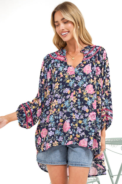 Kalina Blouse -  V Neck High Low Top with Balloon Sleeves and Lace Detailing in Antonia Print Navy