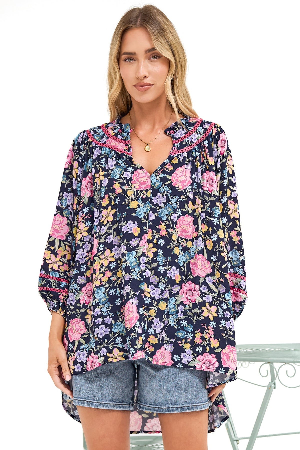 Kalina Blouse -  V Neck High Low Top with Balloon Sleeves and Lace Detailing in Antonia Print Navy