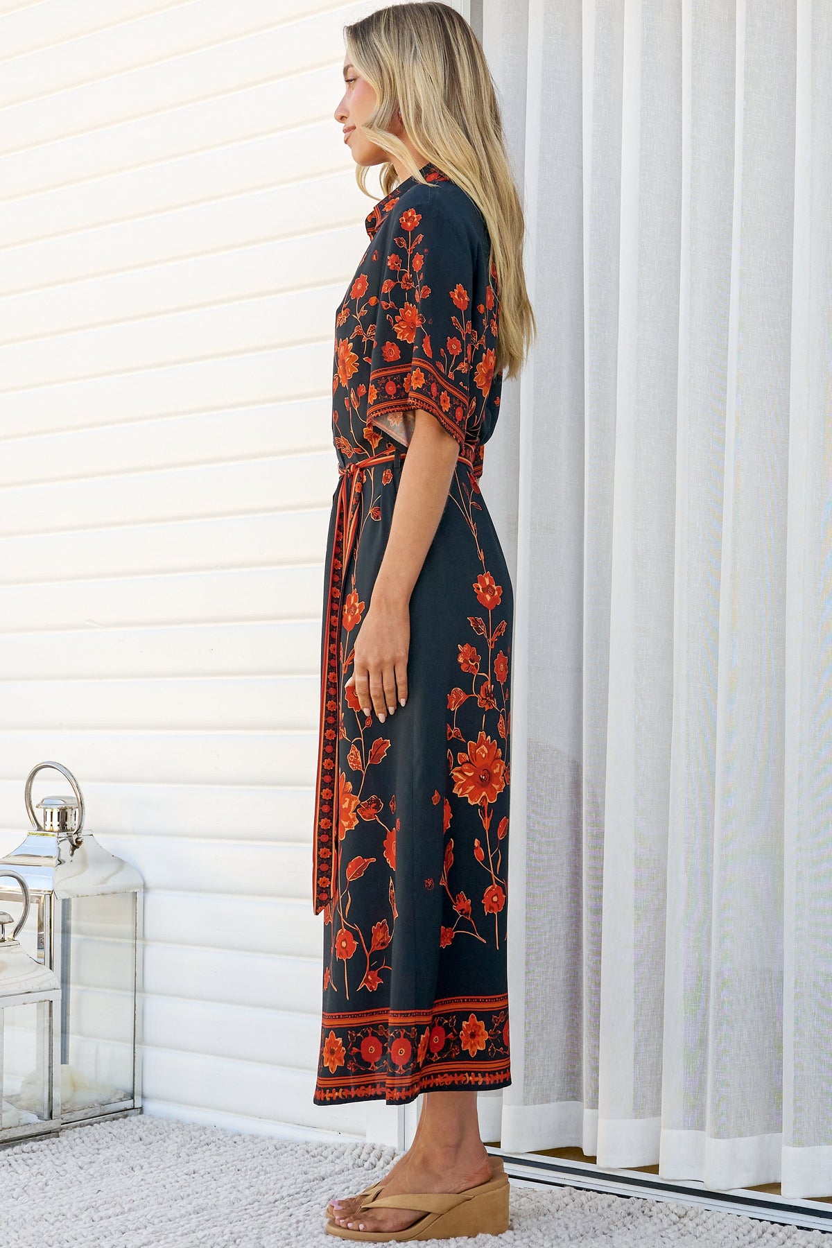 Kally Midi Dress - Collared Shirt Dress with Matching Waist Tie in Alexys Print