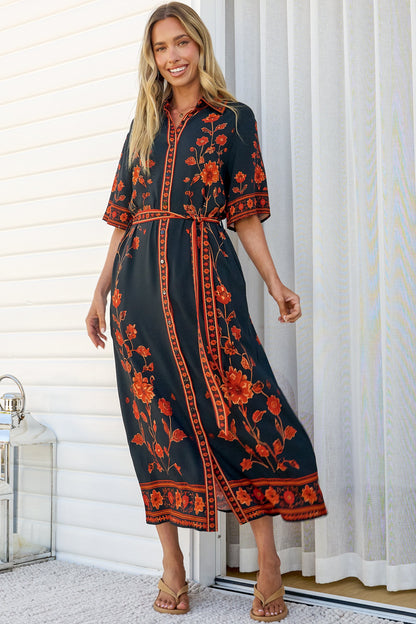 Kally Midi Dress - Collared Shirt Dress with Matching Waist Tie in Alexys Print