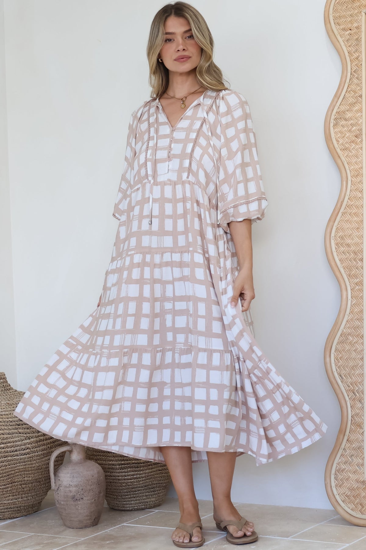 Kamali Midi Dress - Batwing Sleeve Smock Dress with Lace Detailing in Beth Print Beige