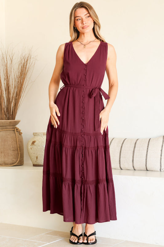 Karen Maxi Dress - Sleeveless Tiered Button Down with Lace Splicing and Waist Tie in Wine