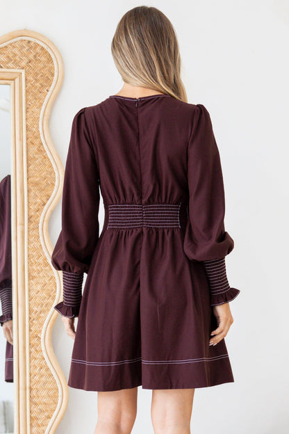 Karey Mini Dress - Fit and Flare Contrast Stitching Dress in Wine