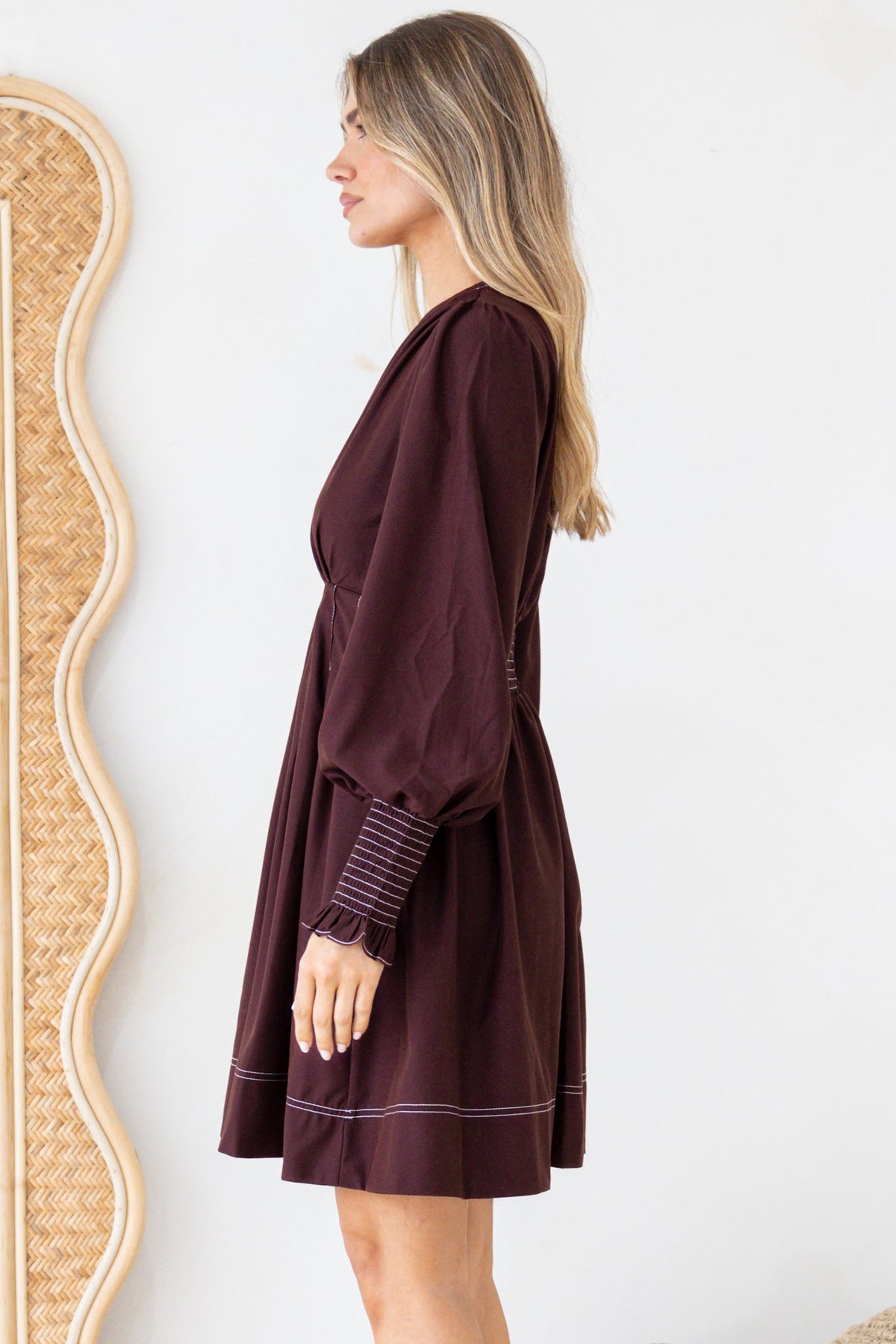 Karey Mini Dress - Fit and Flare Contrast Stitching Dress in Wine