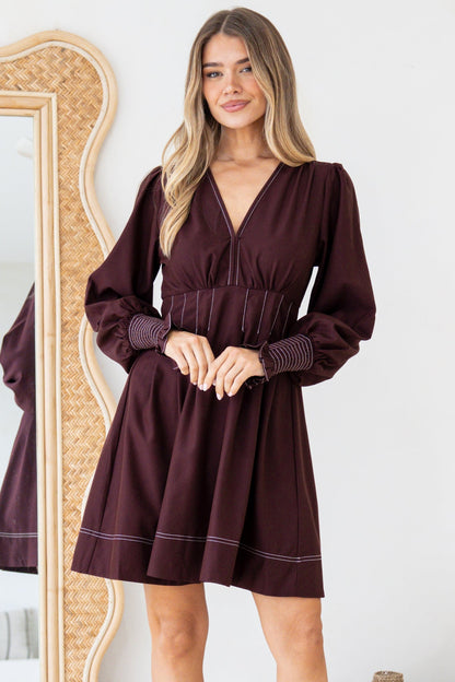 Karey Mini Dress - Fit and Flare Contrast Stitching Dress in Wine