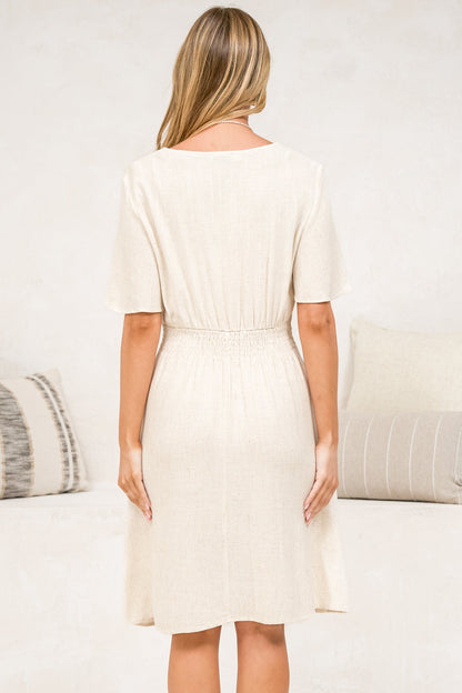 Karin Mini Dress - V Neck Flutter Sleeve Mini with Decorative Front Button Placket in Beige