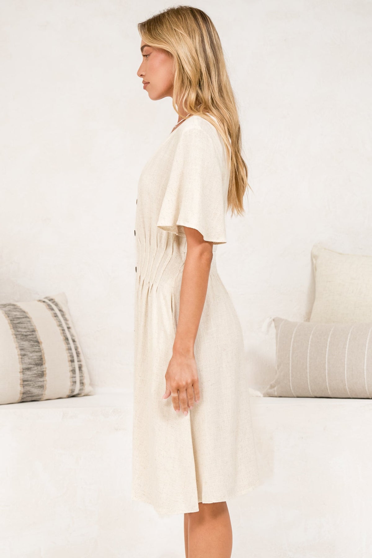 Karin Mini Dress - V Neck Flutter Sleeve Mini with Decorative Front Button Placket in Beige