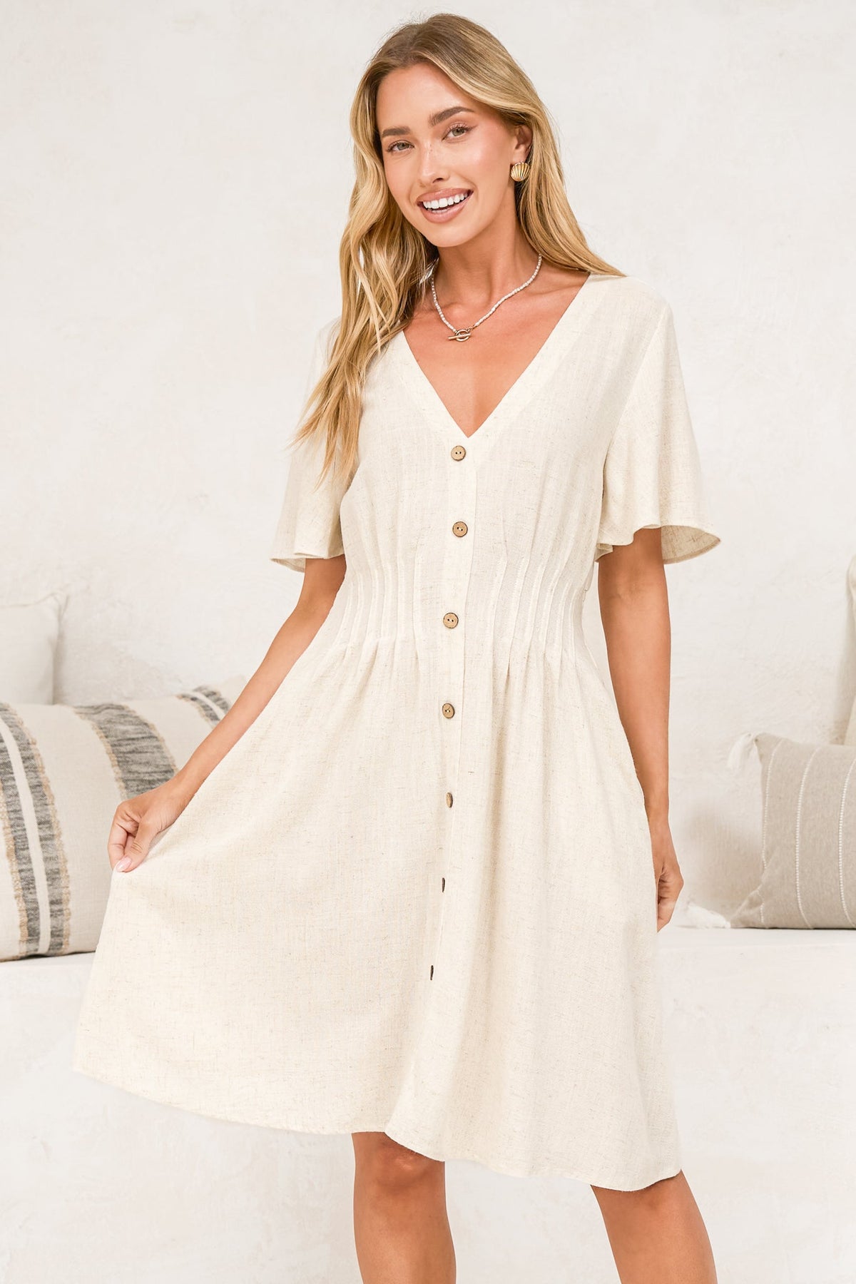 Karin Mini Dress - V Neck Flutter Sleeve Mini with Decorative Front Button Placket in Beige
