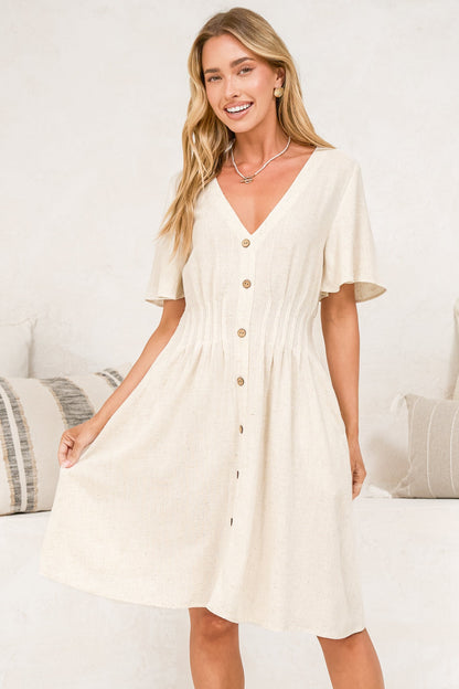 Karin Mini Dress - V Neck Flutter Sleeve Mini with Decorative Front Button Placket in Beige