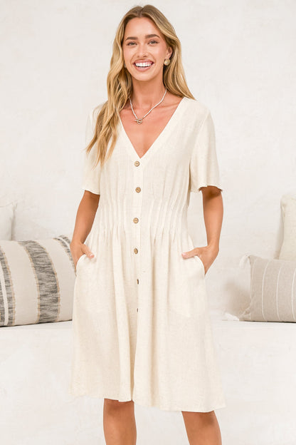 Karin Mini Dress - V Neck Flutter Sleeve Mini with Decorative Front Button Placket in Beige