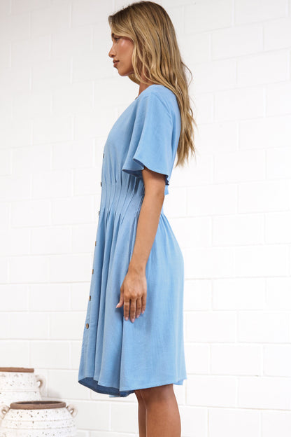 Karin Mini Dress - V Neck Flutter Sleeve Mini with Decorative Front Button Placket in Blue
