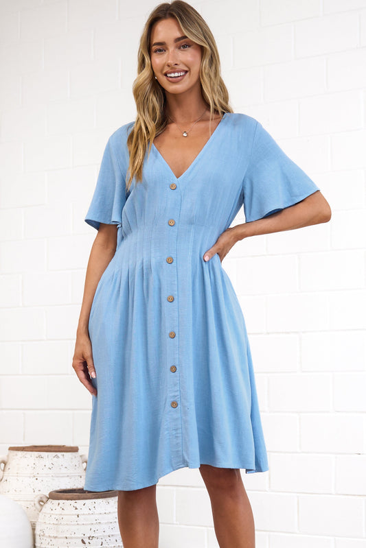 Karin Mini Dress - V Neck Flutter Sleeve Mini with Decorative Front Button Placket in Blue