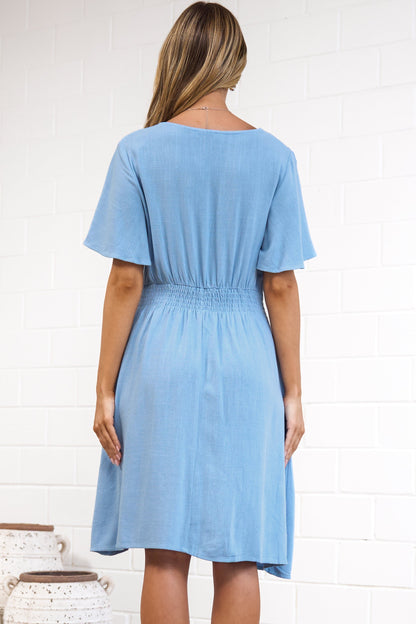 Karin Mini Dress - V Neck Flutter Sleeve Mini with Decorative Front Button Placket in Blue